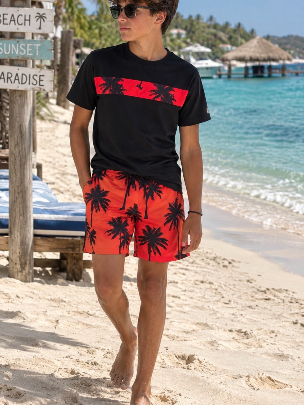 Boys Hawaiian Palm Tree 2-Piece Set Black Red Tropical Shirt & Shorts